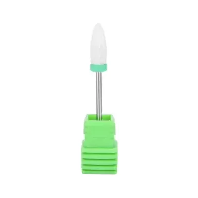 Broca para unhas em cerâmica branca com haste metálica e suporte plástico verde