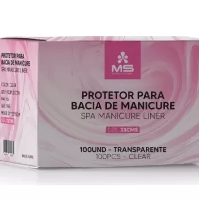 Caixa rosa de protetor para bacia de manicure com texto em português e inglês