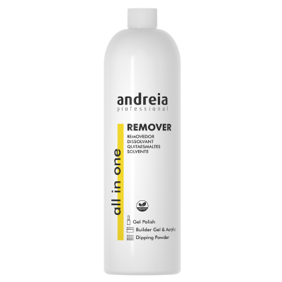 Frasco branco de removedor de verniz Andreia com texto preto e detalhe amarelo