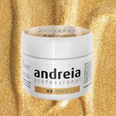 Frasco branco da andreia professional com texto 03 GOLD e fundo dourado glitterado