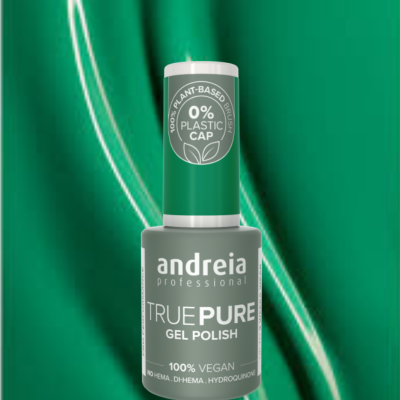 Frasco de verniz gel verde Andreia TRUE PURE com tampa verde e texto sobre sustentabilidade