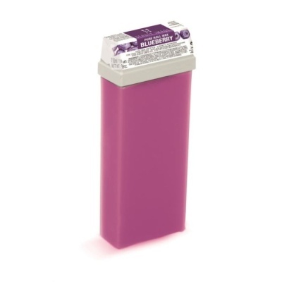 Recipiente de cera para depilação rosa com tampa branca e rótulo roxo de mirtilos