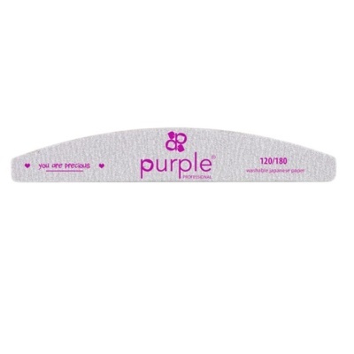 Lixa de unhas cinzenta com texto em roxo da marca purple
