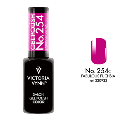 Verniz gel Victoria Vynn No. 254 Fabulous Fuchsia com frasco preto e amostra da cor fúcsia