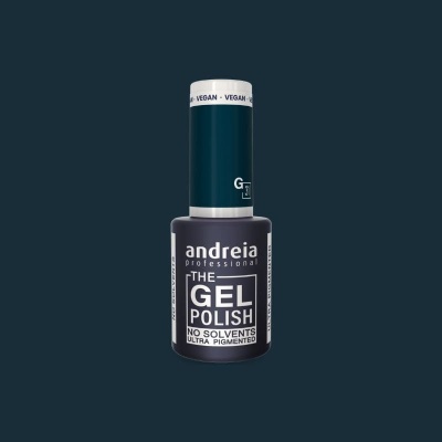 frasco de esmalte em gel azul escuro Andreia com texto THE GEL POLISH