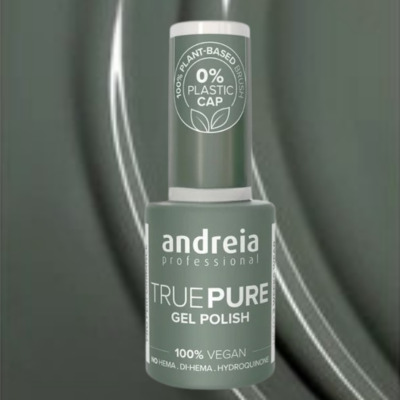 Frasco de verniz gel verde da andreia professional com texto e tampa ecológica