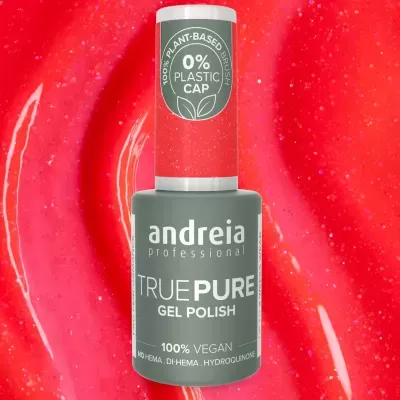 Frasco de verniz gel vegan Andreia Professional True Pure cinza e vermelho.