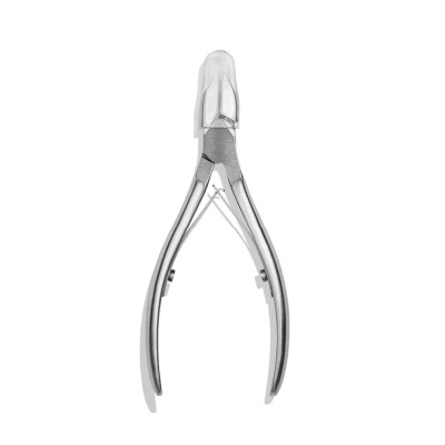 Alicate de corte em metal prateado com proteção transparente na ponta