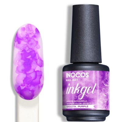 Verniz gel INOCOS tinta aquarela violeta com amostra da cor em suporte branco