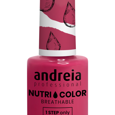 Frasco de verniz para unhas rosa escuro da marca andreia professional com tampa branca e texto VEGAN.