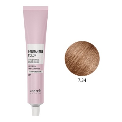 Tubo rosa de tinta de cabelo permanente Andreia Professional com amostra de cor castanho claro 7.34