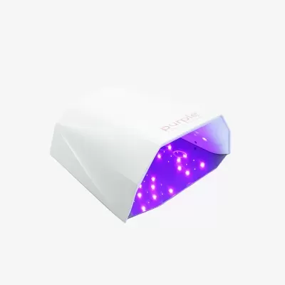 Dispositivo branco com luzes LED roxas acesas e texto purple Professional