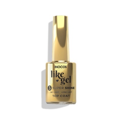 Frasco dourado de verniz de unhas Inocos like gel 3 Super Shine com texto no rótulo.