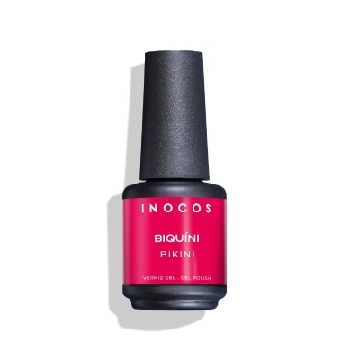 Frasco de verniz gel para unhas INOCOS na cor rosa com tampa preta.