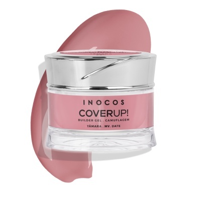 Frasco de gel para unhas rosa Inocos Coverup com tampa prateada