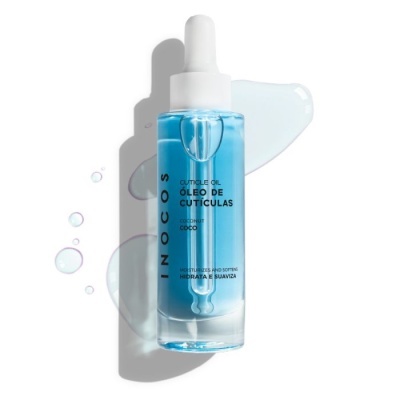 Frasco azul de óleo para cutículas com conta-gotas branco e texto preto