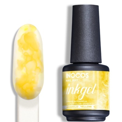 Verniz unhas INOCOS inkgel amarelo com efeito aquarela e amostra da cor.