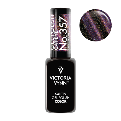 Frasco de verniz gel preto com rótulo 'VICTORIA VYNN SALON GEL POLISH COLOR' e amostra da cor roxa brilhante com glitter