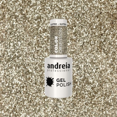 Verniz gel Andreia Professional com tampa glitter prateado sobre fundo glitter prateado