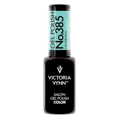 Frasco preto de verniz gel para unhas Victoria Vynn com tampa azul clara e texto