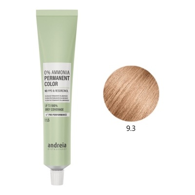 Tubo verde de tinta permanente para cabelo com rótulo e círculo de cor castanho claro dourado