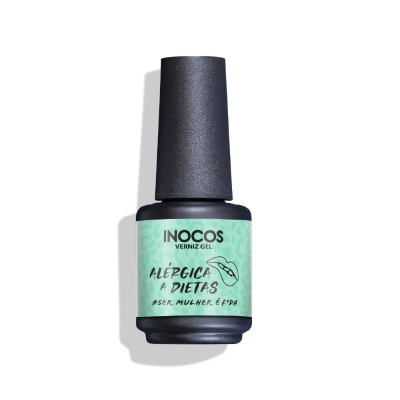 Frasco de verniz gel Inocos com rótulo verde e texto em português.