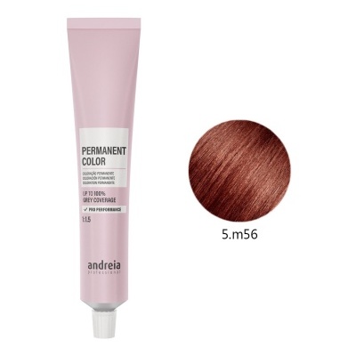 Tubo rosa de coloração permanente de cabelo com amostra de cor castanho avermelhado