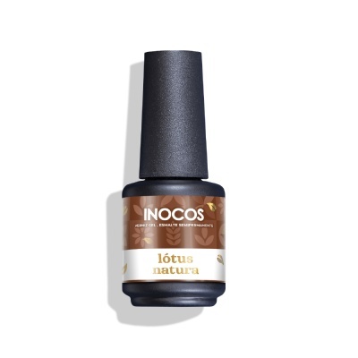 Frasco de verniz INOCOS lótus natura preto fosco com rótulo branco e castanho