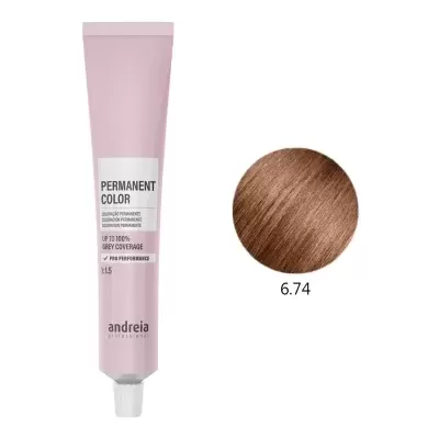 Tubo rosa de coloração de cabelo permanente Andreia com amostra de cor castanha 6.74