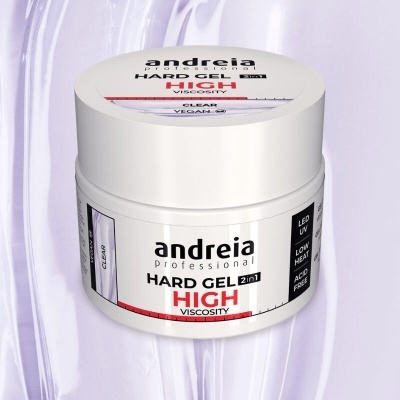 Frasco branco de gel para unhas andreia professional high viscosity em fundo lilás