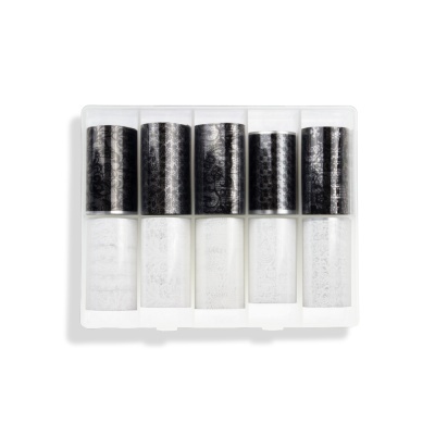 Conjunto de rolos de película adesiva para unhas em preto e branco com padrões florais.