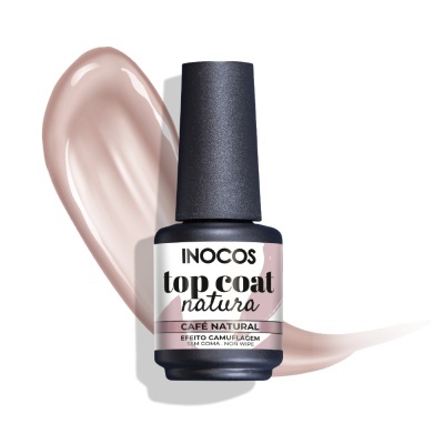 Frasco de verniz gel INOCOS top coat natura café natural com rótulo e marca visível