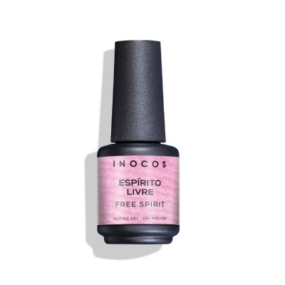 Frasco de verniz gel para unhas com rótulo rosa e texto em fundo branco