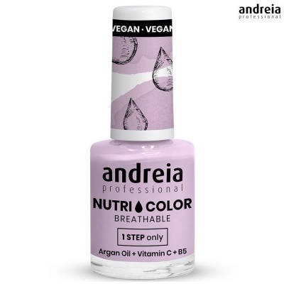 Esmalte lilás Andreia Nutri Color com tampa branca decorada e texto