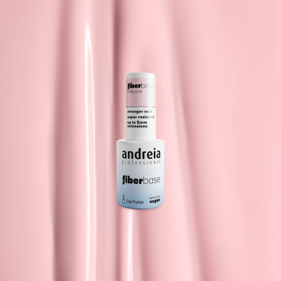 Frasco branco de verniz gel fiberbase milky pink da andreia professional em fundo rosa brilhante