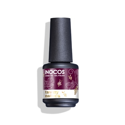 Frasco de verniz gel INOCOS com rótulo vinho e dourado