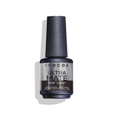Frasco preto de verniz para unhas INOCOS Ultra Mate Top Coat em fundo branco