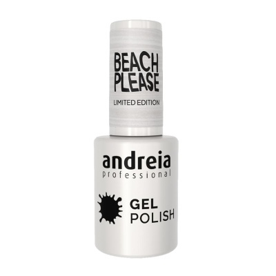 Verniz gel Andreia Professional branco com tampa cinza e texto Beach Please