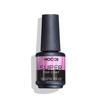 Frasco de verniz de unhas Inocos SUPER TOP COAT com rótulo rosa e preto