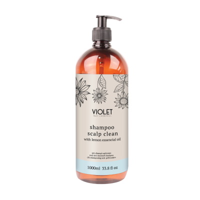 Frasco de shampoo anticaspa Violet de 1000ml com óleo essencial de limão.