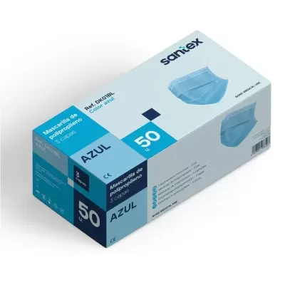 Caixa branca com máscara azul e texto santex 50 Máscara de Polipropileno 3 Capas AZUL.
