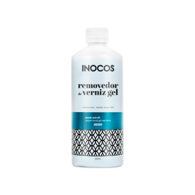 Frasco de removedor de verniz gel INOCOS branco com rótulo azul e preto