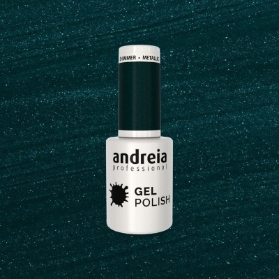 Frasco de verniz gel Andreia Professional branco com tampa preta e texto em fundo verde metálico brilhante