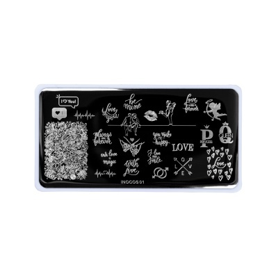 Placa metálica preta para carimbos de unhas com desenhos e frases de amor em branco