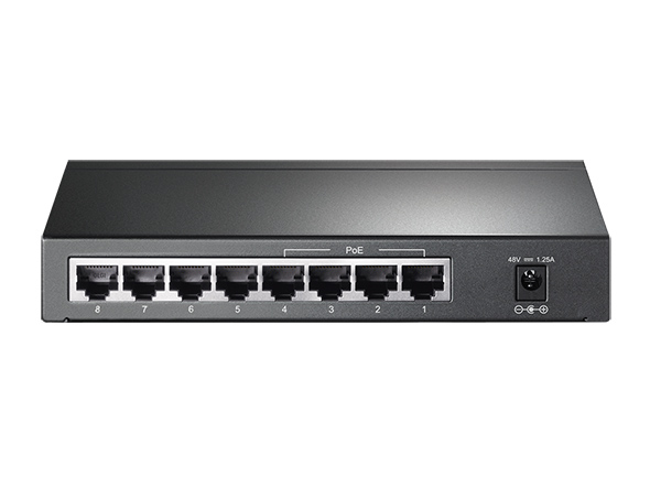 Switch de rede ethernet cinza com 8 portas e indicação PoE