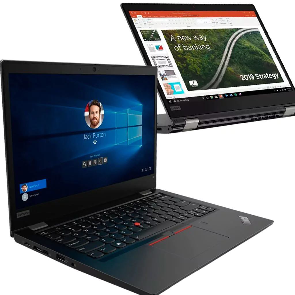 Dois portáteis Lenovo ThinkPad pretos, um aberto e outro em modo tablet com apresentações nos ecrãs