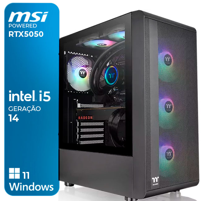 Computador de secretária preto com iluminação RGB e texto MSI RTX5050 Intel i5 14 e Windows 11
