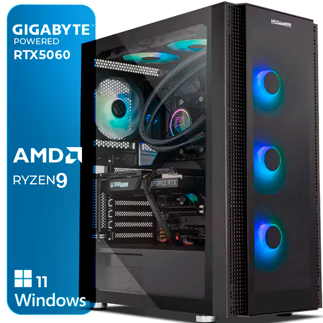 Computador desktop Gamer com iluminação azul interior e painel de vidro