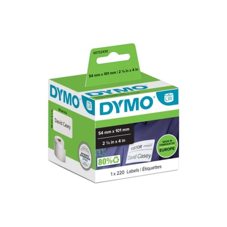 Caixa verde e branca de etiquetas DYMO LW 54 mm x 101 mm com texto VISITOR David Casey