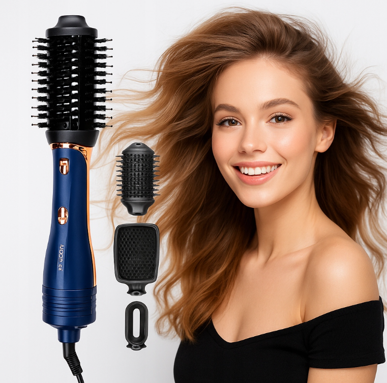 escova de cabelo elétrica com acessórios ao lado de mulher sorridente com cabelo loiro ondulado